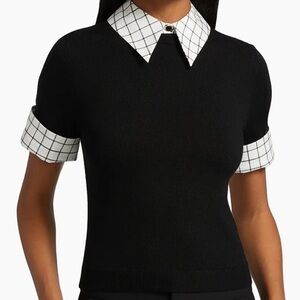 Alice and Olivia Collard Pullover Black Sweater with Checkered Collar and Cuffs